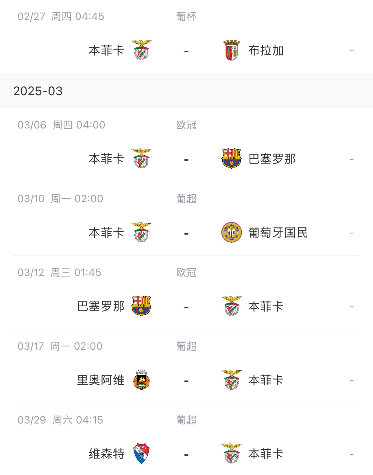  讓路歐冠！本菲卡戰(zhàn)巴薩首回合比賽前的葡超比賽推遲進(jìn)行