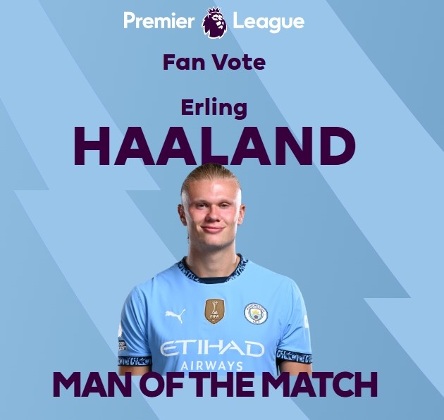  打進致勝球！英超官方：哈蘭德當(dāng)選曼城1-0熱刺全場最佳球員