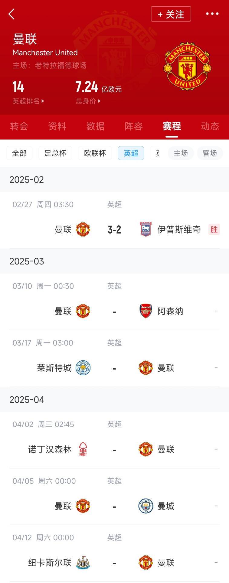  藍狐救一下？曼聯(lián)未來5輪將遭遇英超2/3/4/6名：槍手森林曼城紐卡